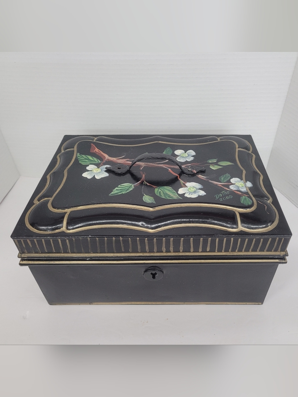 Vintage Hand Painted Metal Cash Box With Key